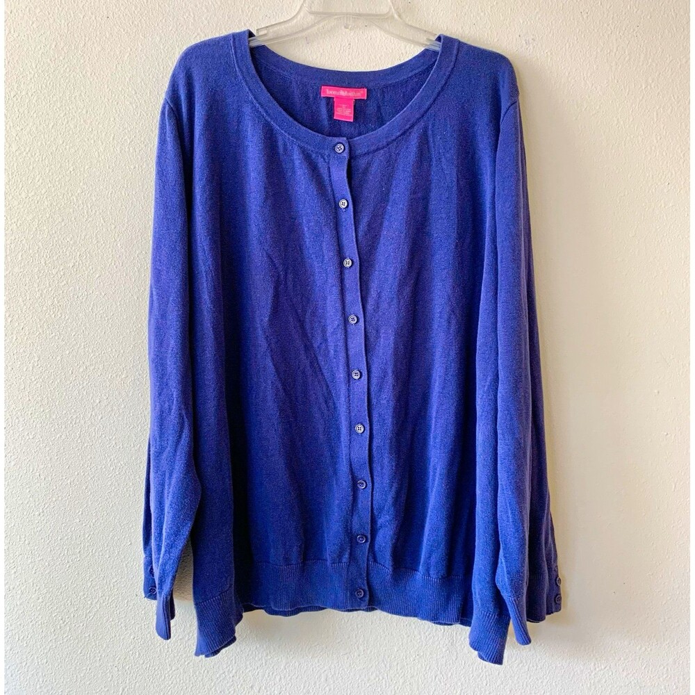 Woman Within Womens Plus 4X Blue Solid Knit Cotton Button-Front Cardigan Sweater